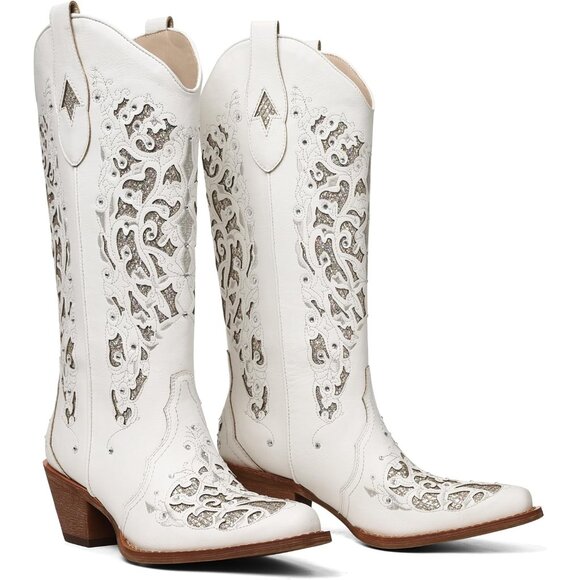 Women White Pointed Toe Pull On Rhinestones Chunky Heel Knee High Western Boots - Picture 5 of 7